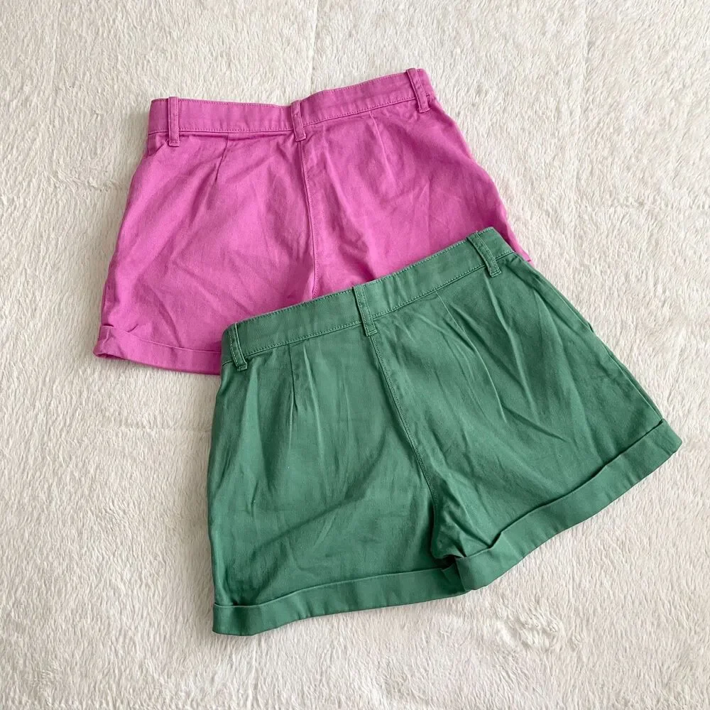 Crewcuts Girls Chino Shorts Bundle Kids Size 8 Green Pink Adjustable Waist